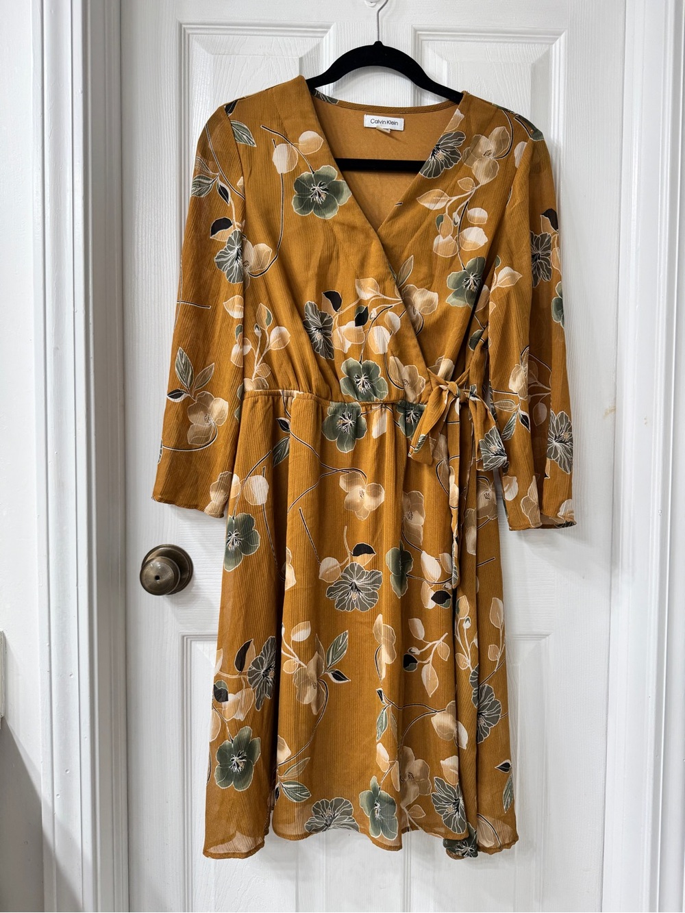 Calvin Klein Mustard Floral Wrap Dress with Green Accents